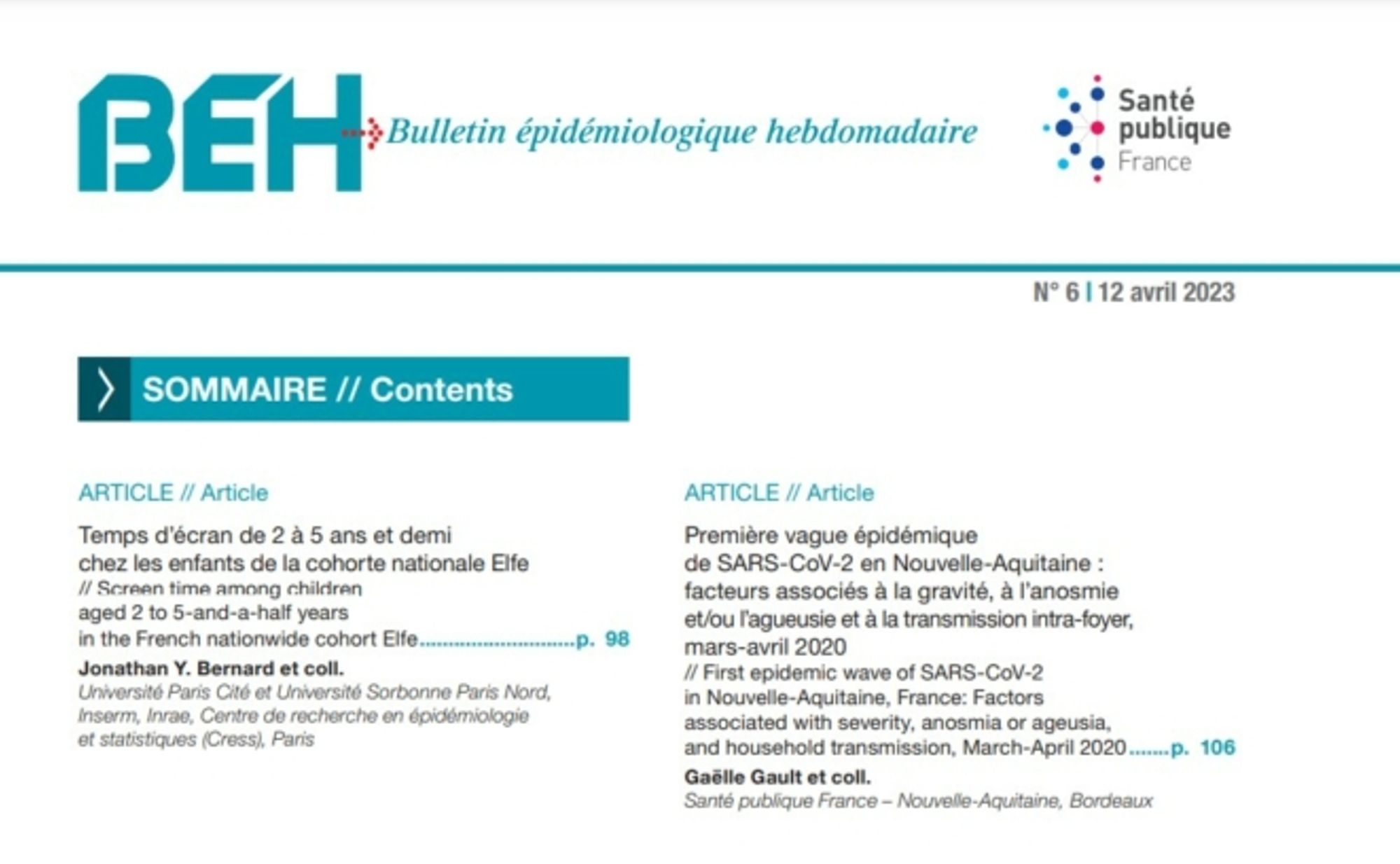 Bulletin épidémiologique hebdomadaire, 22 mars 2022, n°6. Temps d’écran de 2 à 5 ans et demi chez les enfants de la cohorte nationale ELFE